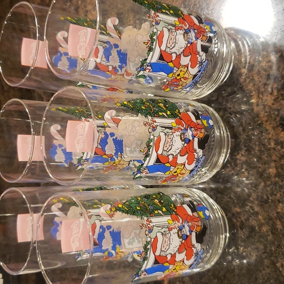VINTAGE COCA-COLA Christmas  Glasses Glass set 6 SANTA UNDER TREE Mccory stores - Picture 4 of 6